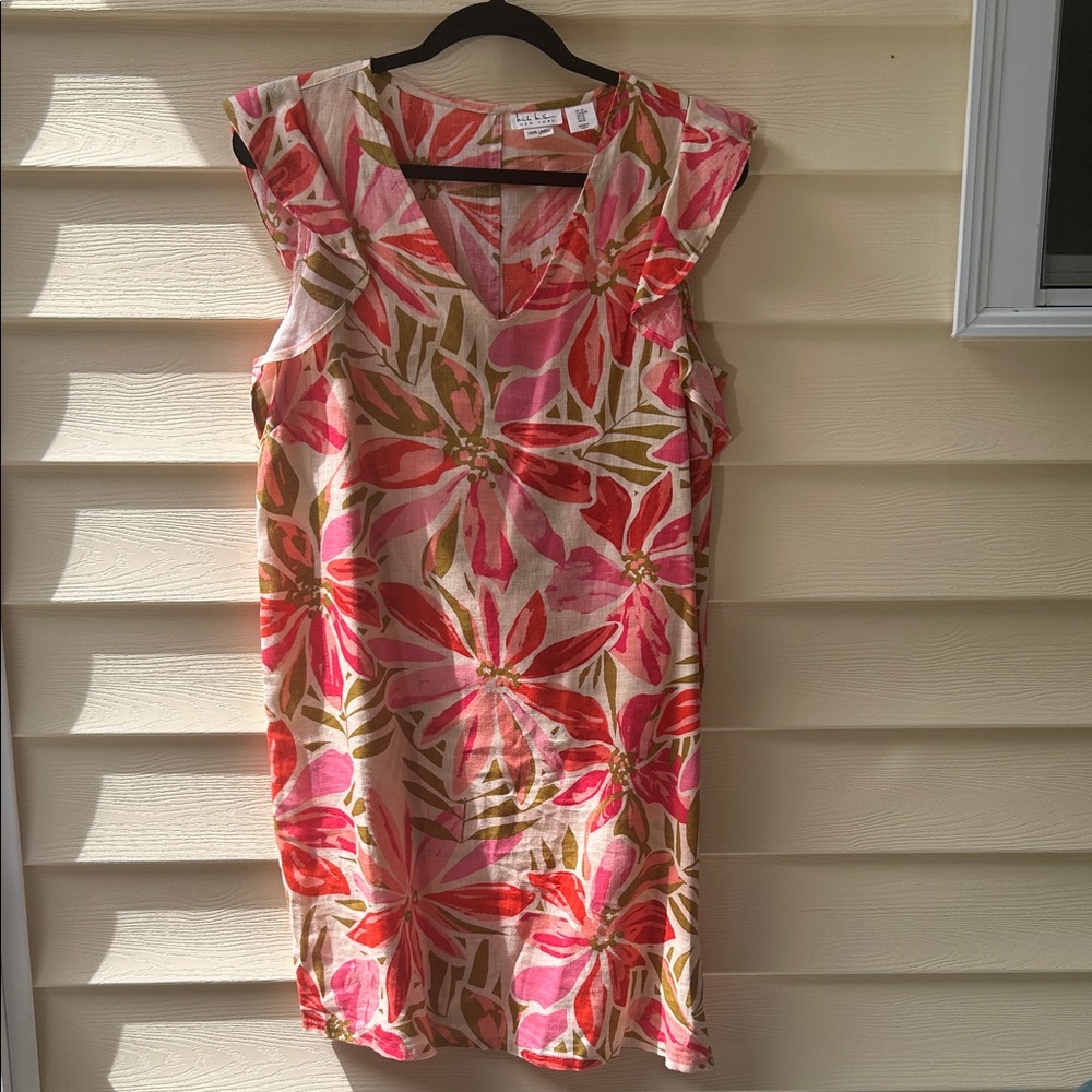 Nicole Miller New York Floral Ruffled Cap Sleeve 100% Linen V-Neck Dress Sz M